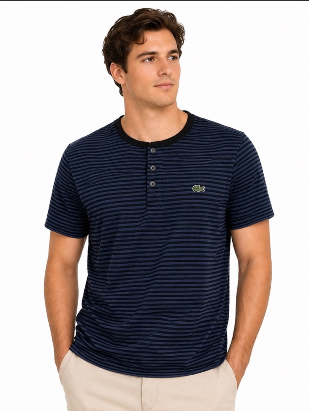 Lacoste Men’s Navy Striped Henley T-Shirt – Size L